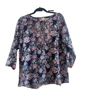 Reba Blue and Coral Rustic Boho Beaded Blouse